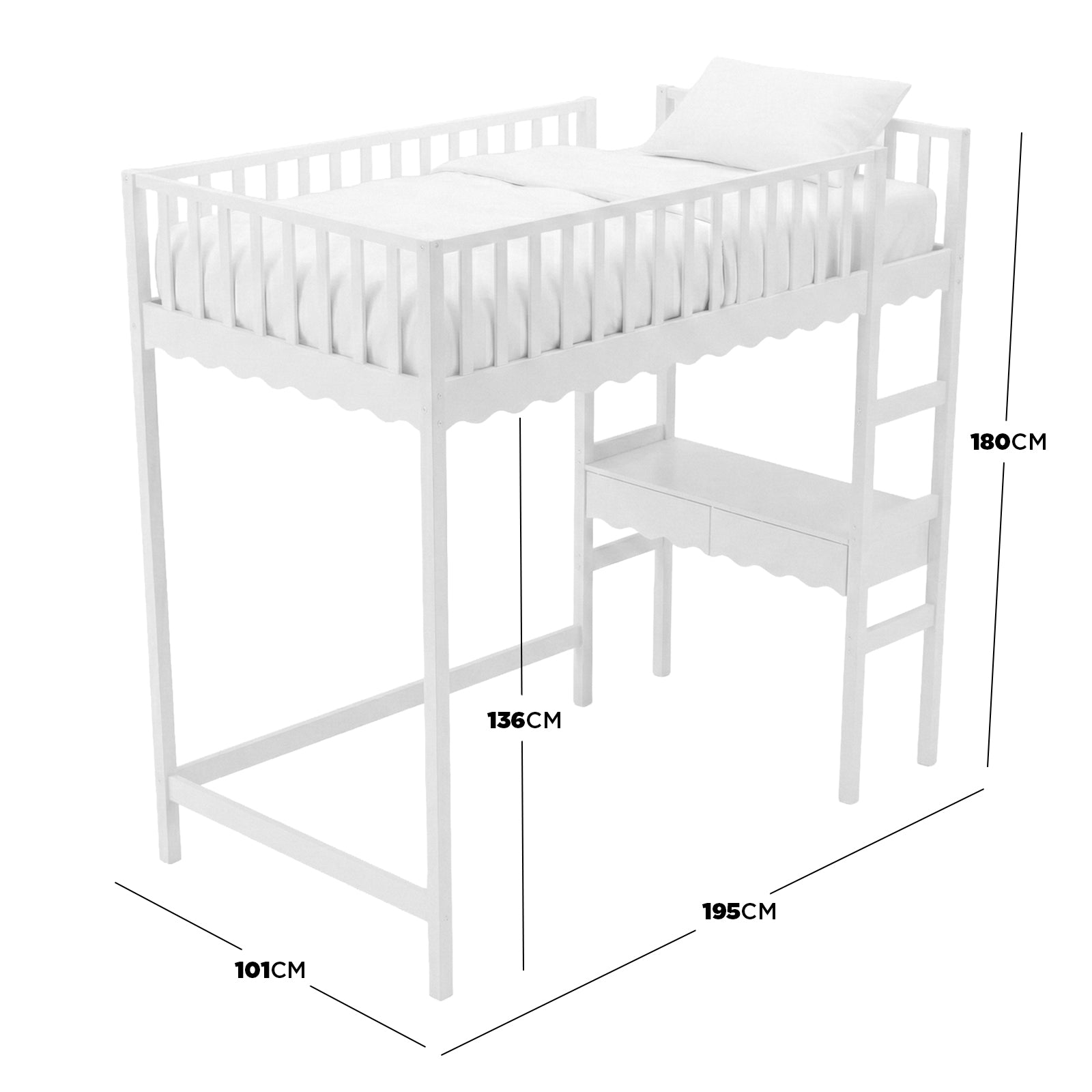 White loft bed with dimensions diagram