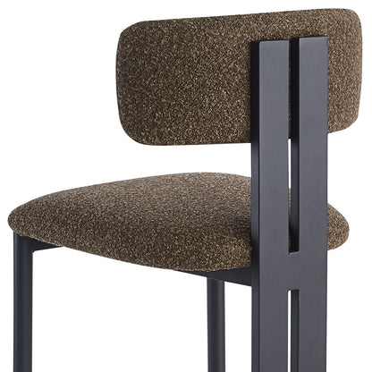 Haleo Curved Boucle Fabric Barstool Set of 2 features rust brown textured upholstery with an arched backrest on a sleek black metal frame, ideal for comfortable seating at kitchen counters.