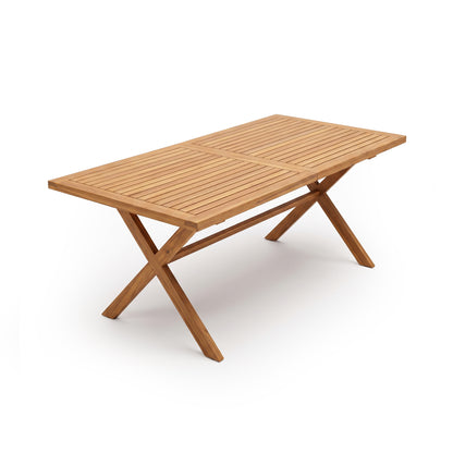 Rectangular wooden table with crossed legs on a white background