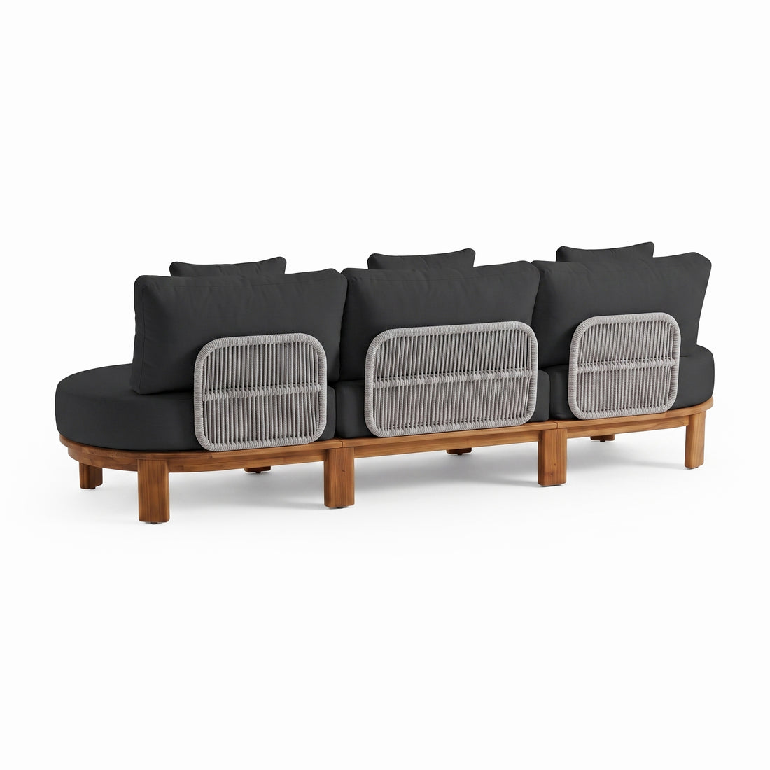 Back view of modern sofa with wooden frame and woven accents on white background