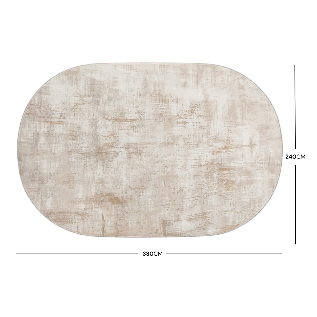 Full oval rug on white background with 240cm by 330cm dimension markings