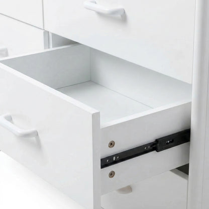 Close-up of an open drawer and metal slider on a white dresser