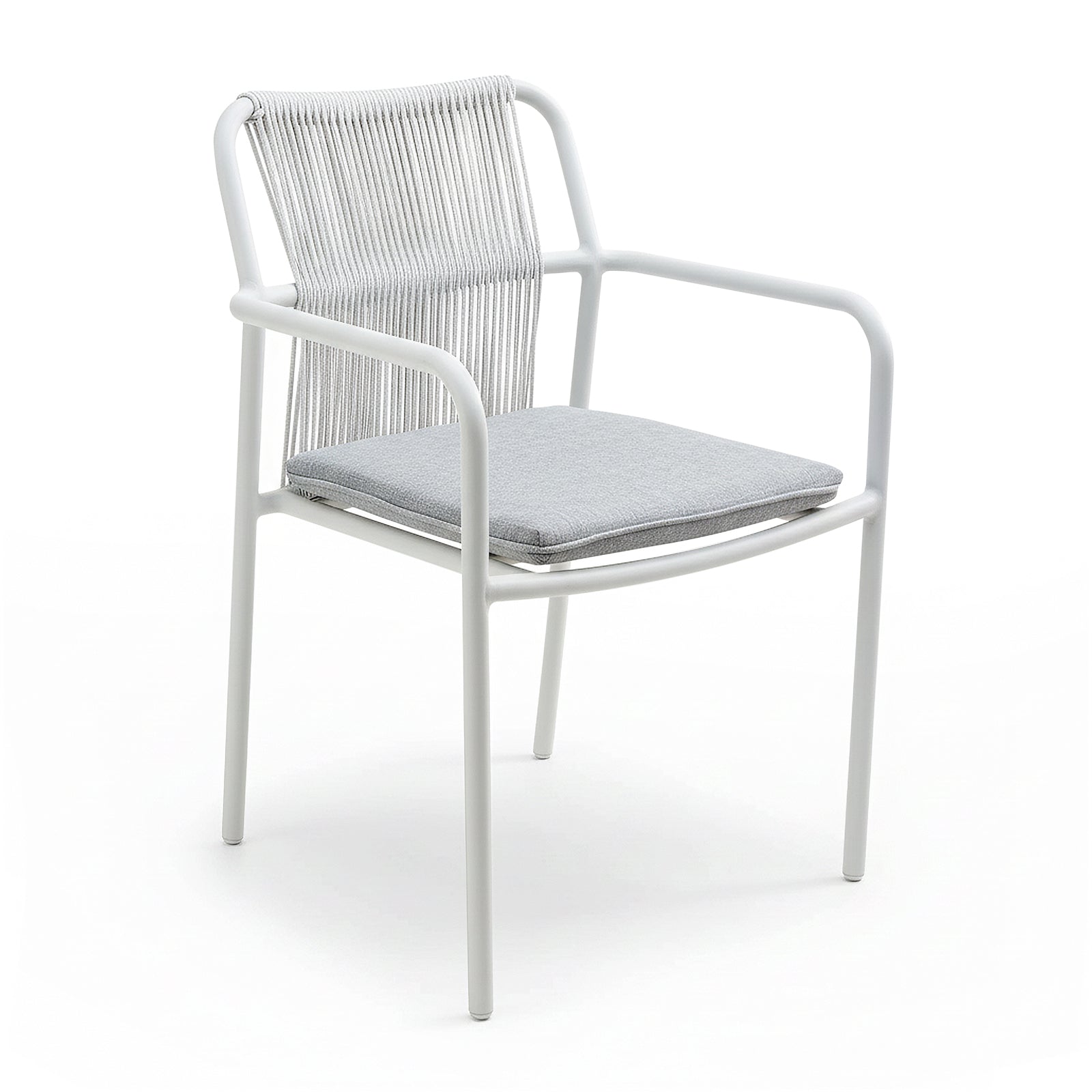 Evone 4 Seater Stone Outdoor Dining Table Set features a sleek stone tabletop with a sturdy aluminum frame and four modern armchairs, each with a white cord backrest and light-gray cushion.