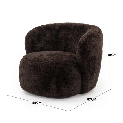 Chocolate brown fluffy accent chair on white background with dimensions labeled 88cm by 87cm by 75cm