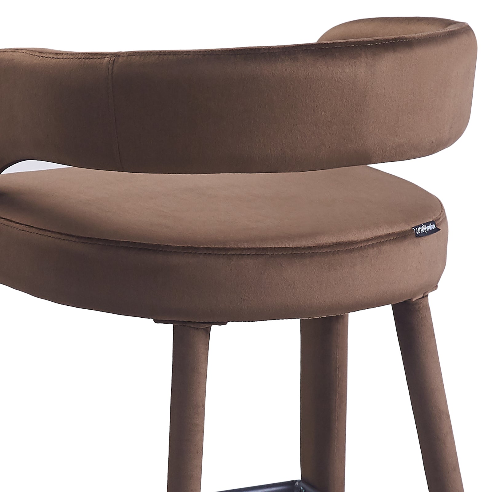 Close-up of curved brown upholstered seat and backrest of bar stool