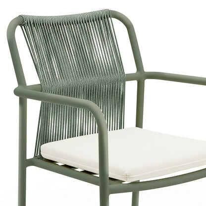 Evone Aluminium Rope Outdoor Dining Chair in Green with a tubular metal frame, woven rope backrest, and white removable seat cushion, showcasing a blend of coastal charm and weather-resistant design.