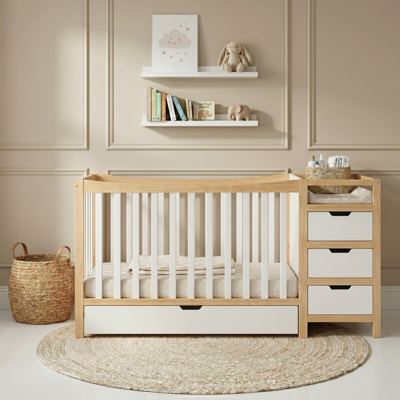 Nooki Solid Timber Cot with Storage in Natural & White