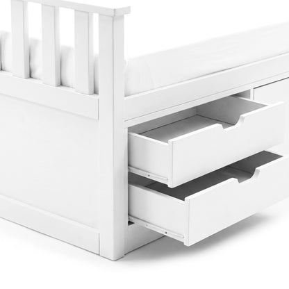 Close-up of a white bed frame corner with pulled-out storage drawers on a white background