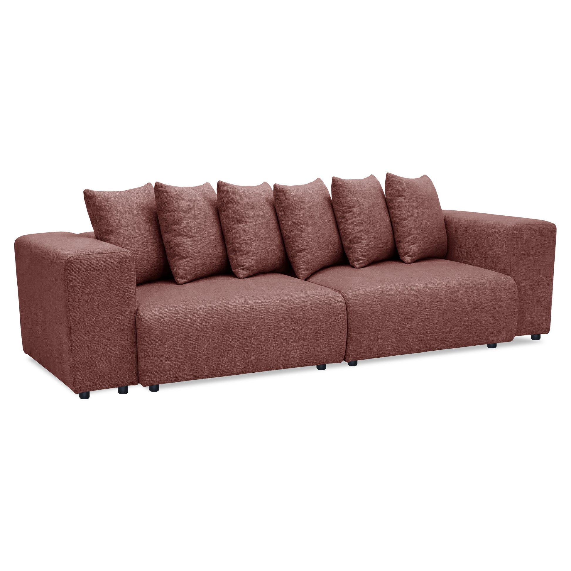 Red-brown sofa with cushions on white background
