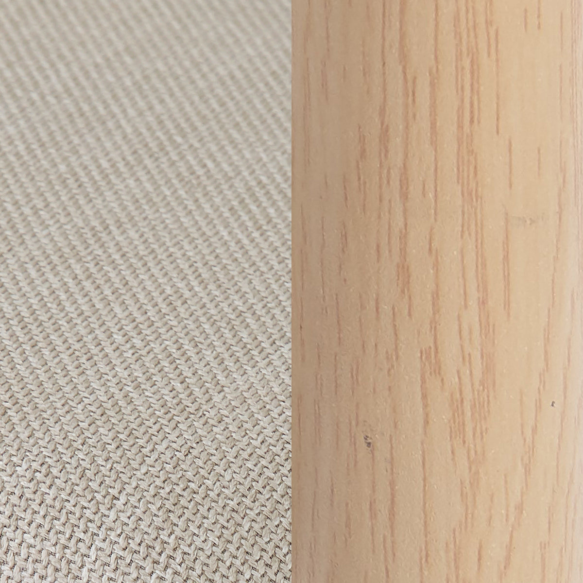 Close-up of beige woven fabric next to light wood on a furniture piece