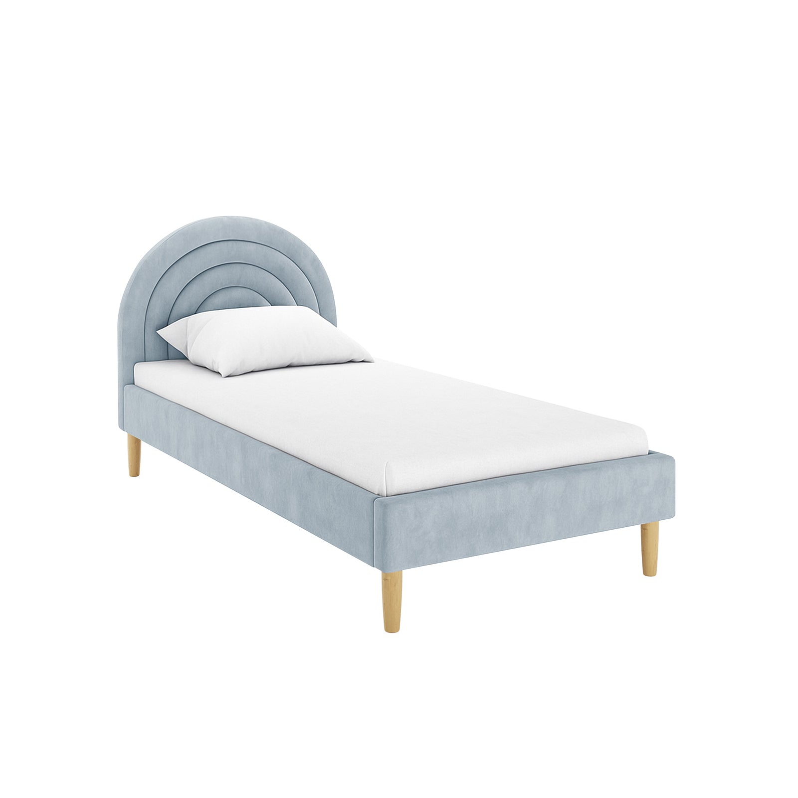 Estilla Velvet Rainbow Bed in Ice Blue, featuring a light blue upholstered frame with a rounded, tufted headboard, on natural-wood legs. The bed is dressed in a plain white sheet and pillow.