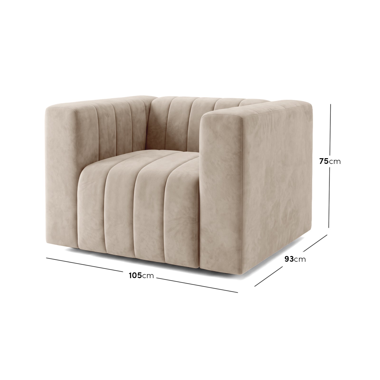 Beige armchair on white background with width, depth, and height measurements