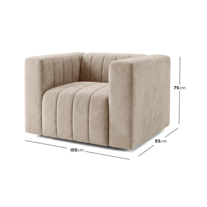 Beige armchair on white background with width, depth, and height measurements