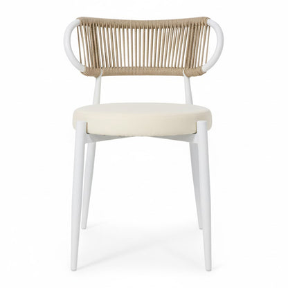 Cabria 7 Piece Sintered Stone Outdoor Dining Set in Beige features sleek, white-framed chairs with tan woven rope backrests and cream cushions, paired with a modern, marble-look sintered stone table.