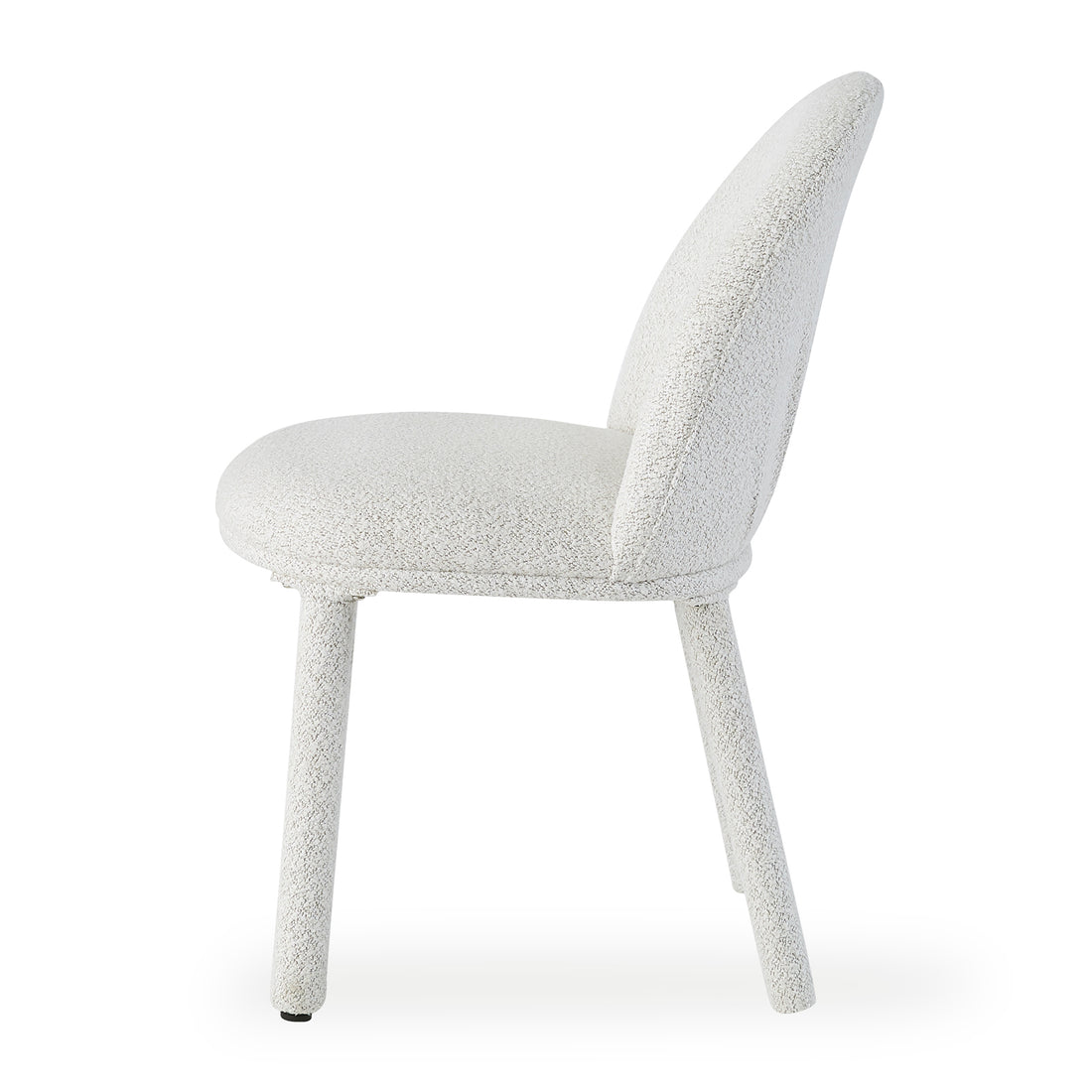 Joren Boucle Arched Dining Chair Set of 2 in Cream features a right-profile view of a curved backrest and cushioned seat in boucle fabric, with four slim, fabric-wrapped legs.