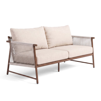 Two-seater sofa with wooden frame and beige cushions on white background