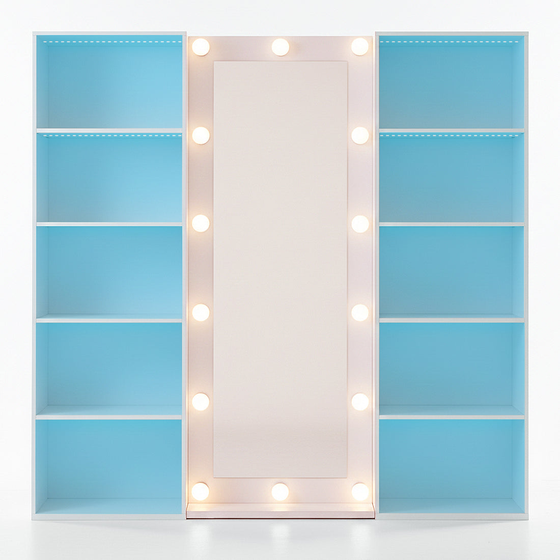 White vanity unit with mirror and blue-backed shelves on white background