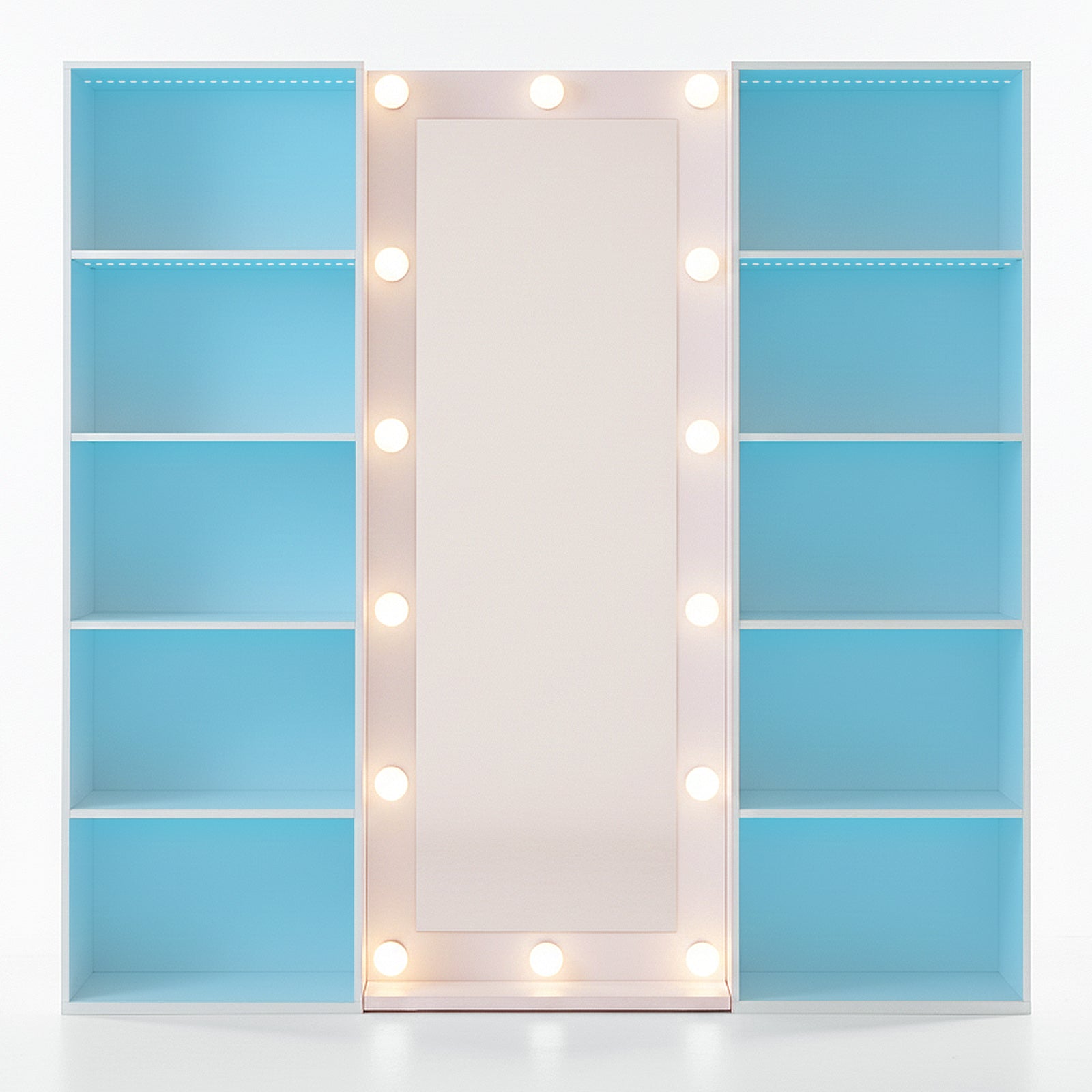 White vanity unit with mirror and blue-backed shelves on white background