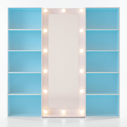 White vanity unit with mirror and blue-backed shelves on white background