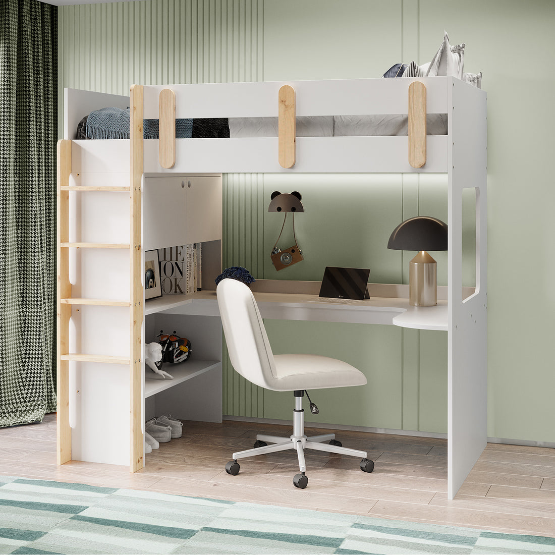 Hann Kids Single Loft Bed Desk Storage in White and Natural features a loft bed with built-in desk, natural-wood ladder, white swivel chair, and storage shelves, creating a compact and functional bedroom setup.