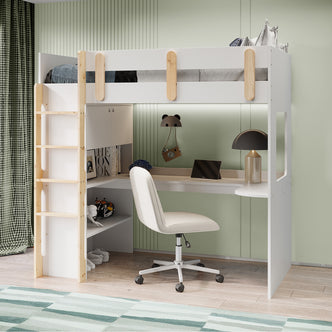 Hann Kids Single Loft Bed Desk Storage in White and Natural features a loft bed with built-in desk, natural-wood ladder, white swivel chair, and storage shelves, creating a compact and functional bedroom setup.