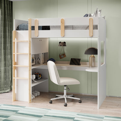 Hann Kids Single Loft Bed Desk Storage in White and Natural features a loft bed with built-in desk, natural-wood ladder, white swivel chair, and storage shelves, creating a compact and functional bedroom setup.
