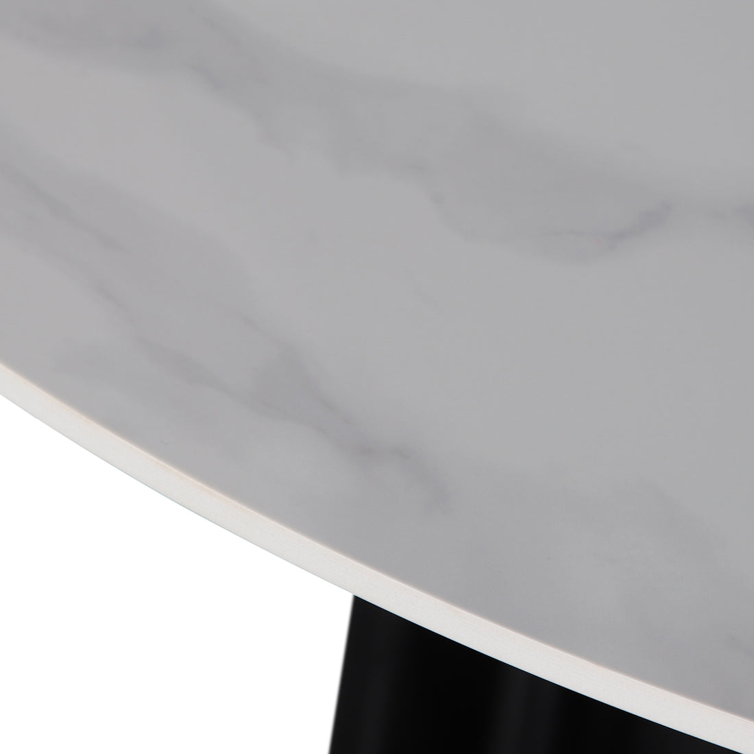 Gabi 120cm Marble Look Dining Table in Black, featuring a close-up of its white marble-patterned round top and a glimpse of the black, fluted cylindrical base, showcasing its elegant design.