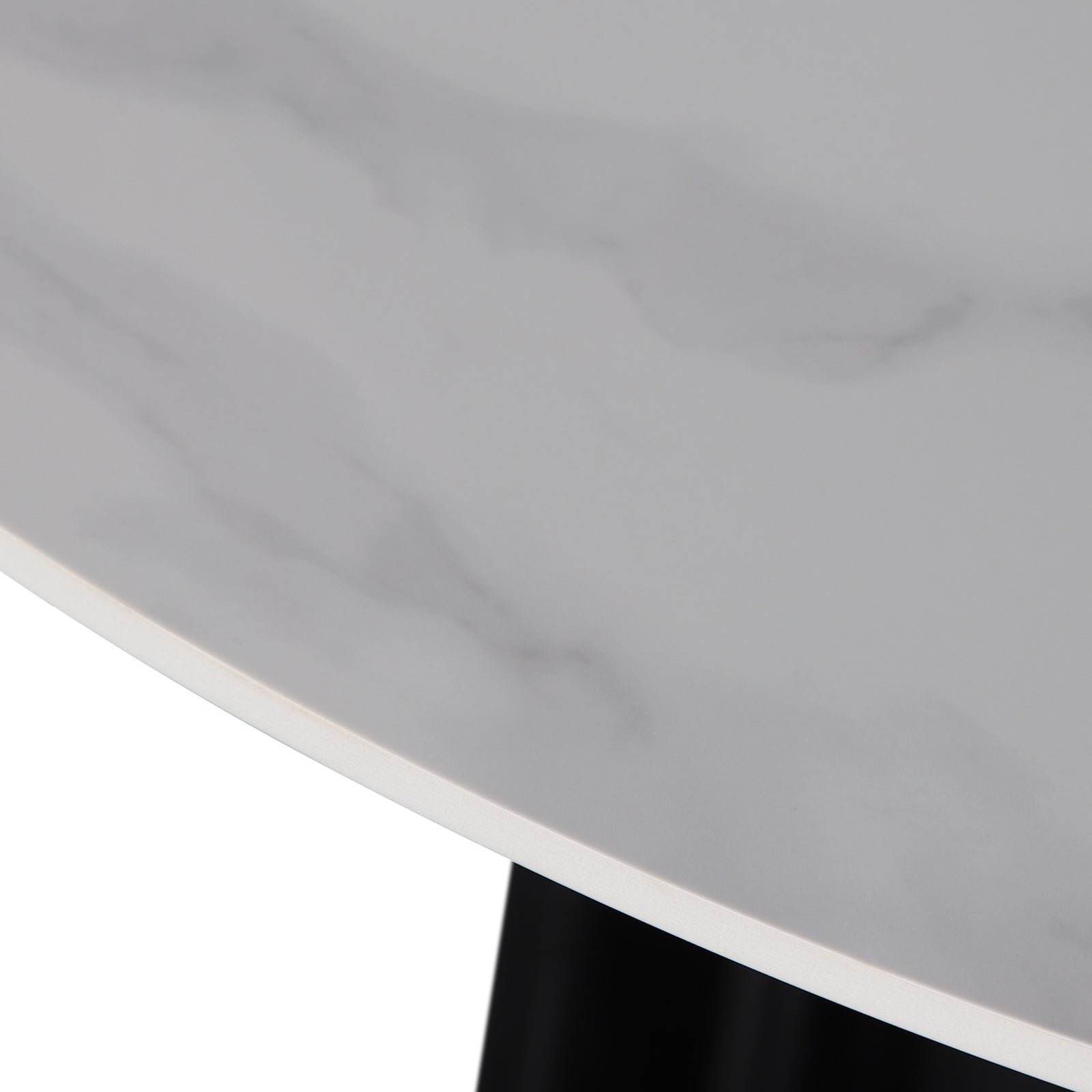 Gabi 120cm Marble Look Dining Table in Black, featuring a close-up of its white marble-patterned round top and a glimpse of the black, fluted cylindrical base, showcasing its elegant design.