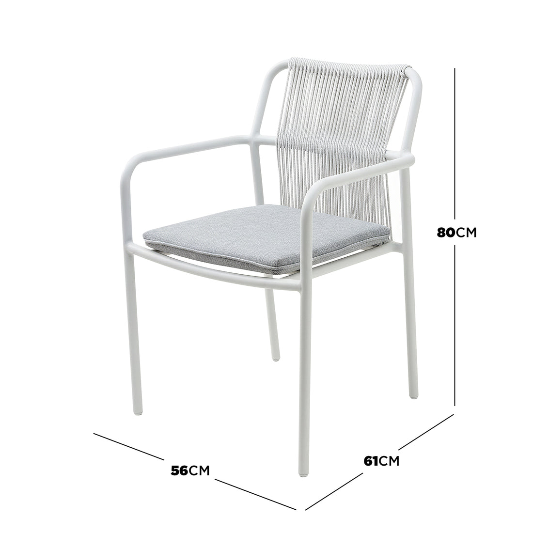 Evone Aluminium Rope Outdoor Dining Chair in Light Grey, featuring a slim white metal frame, woven rope backrest, and a loose grey cushion, measuring 80cm tall, 56cm wide, and 61cm deep.