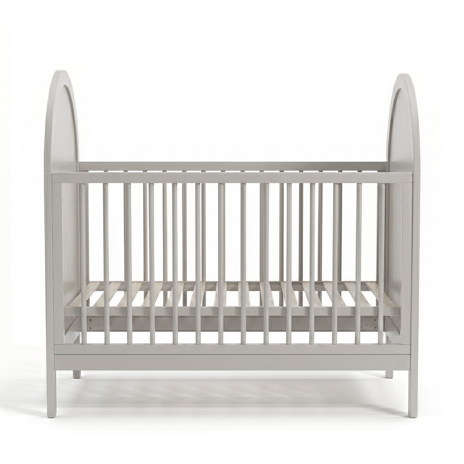Modern light gray wooden crib front view on white background