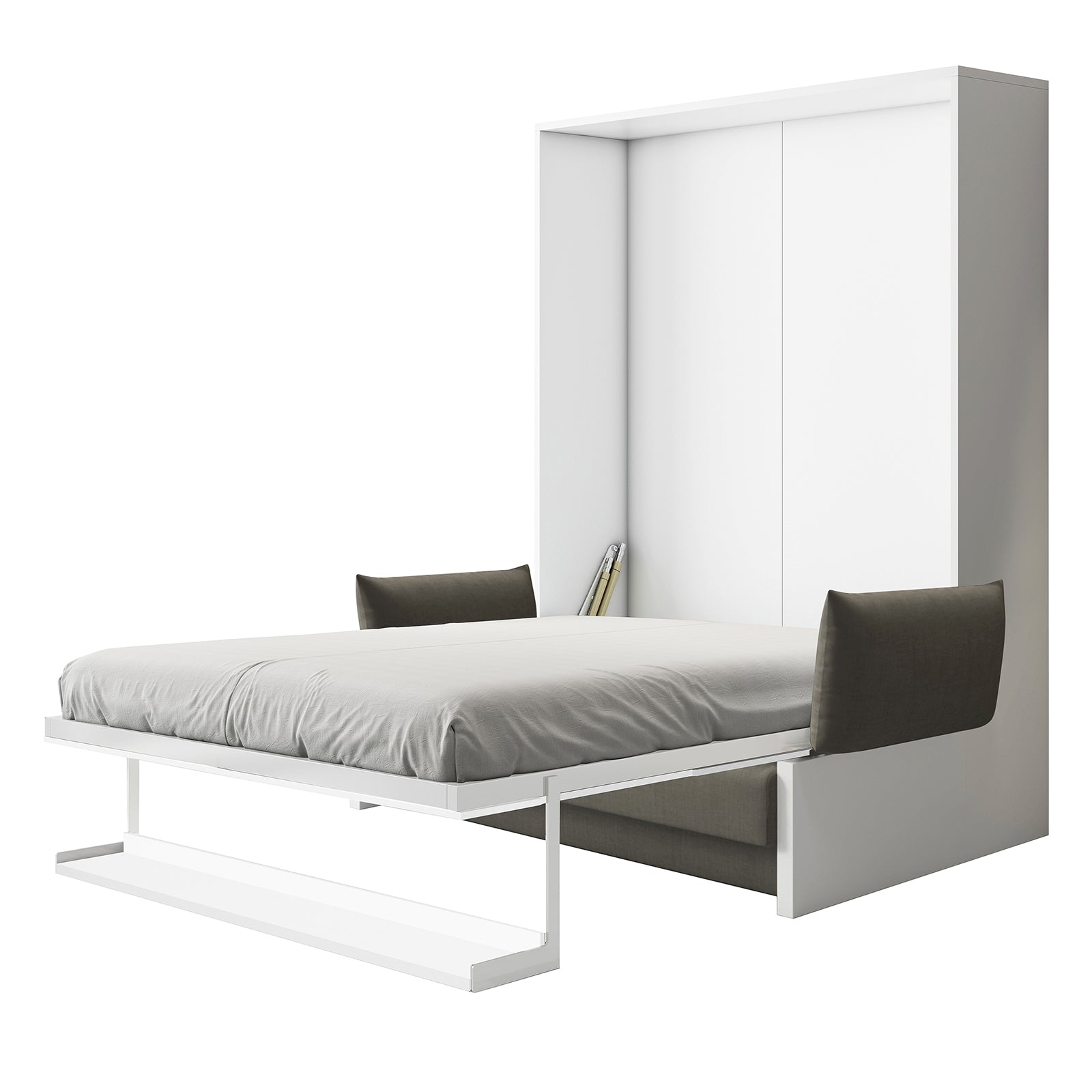 Luxo Byron Sofa Foldout Queen Wall Bed White & Grey features a sleek wall-mounted cabinet with a fold-down bed and padded side cushions, ideal for transforming living spaces into guest-ready bedrooms.
