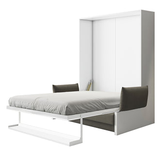 Luxo Byron Sofa Foldout Queen Wall Bed White & Grey features a sleek wall-mounted cabinet with a fold-down bed and padded side cushions, ideal for transforming living spaces into guest-ready bedrooms.