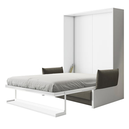 Luxo Byron Sofa Foldout Queen Wall Bed White & Grey features a sleek wall-mounted cabinet with a fold-down bed and padded side cushions, ideal for transforming living spaces into guest-ready bedrooms.