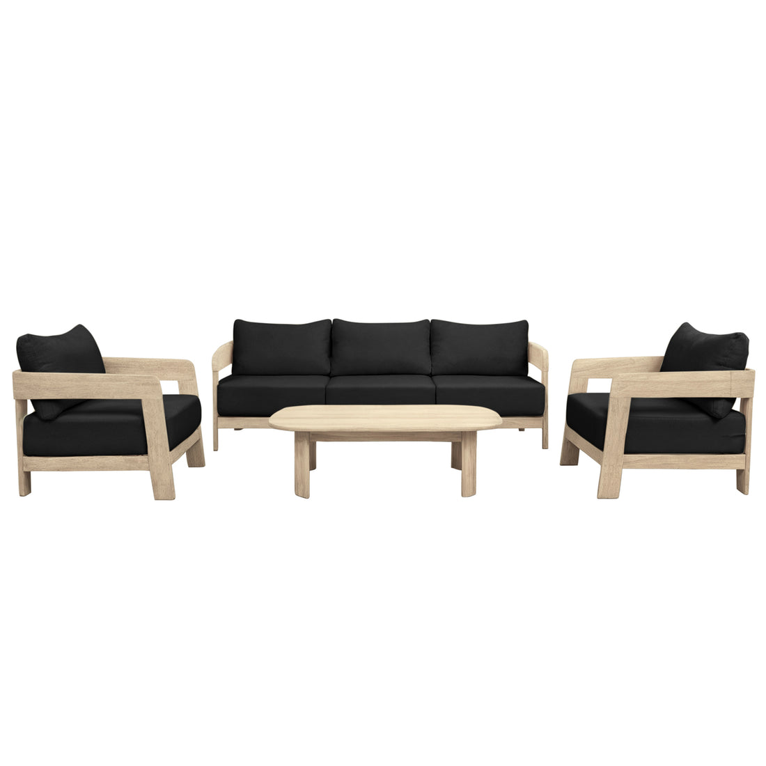 Elani 5 Seater Acacia Hardwood Outdoor Sofa Set in Black features a light wood-framed three-seat sofa and two armchairs with black cushions, paired with a matching low rectangular coffee table.