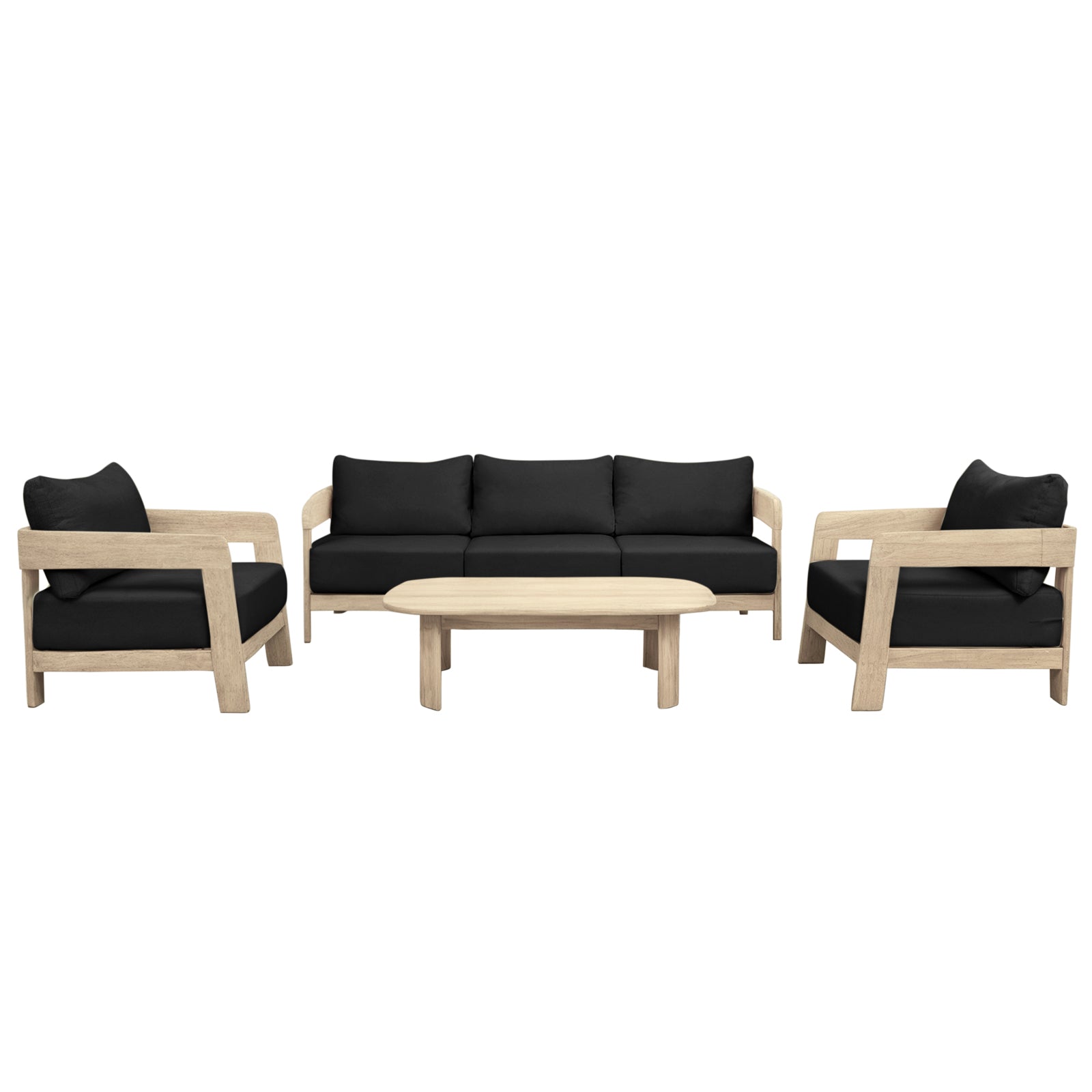 Elani 5 Seater Acacia Hardwood Outdoor Sofa Set in Black features a light wood-framed three-seat sofa and two armchairs with black cushions, paired with a matching low rectangular coffee table.