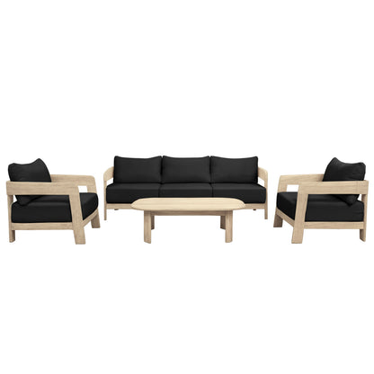 Elani 5 Seater Acacia Hardwood Outdoor Sofa Set in Black features a light wood-framed three-seat sofa and two armchairs with black cushions, paired with a matching low rectangular coffee table.