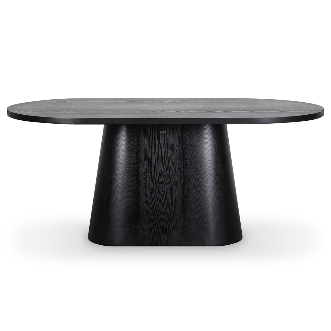 Gigi 180cm Oval Wooden Dining Table in Black, showcasing an oval tabletop and sleek pedestal base, embodies modern elegance and space-efficient design, perfect for enhancing any dining area.