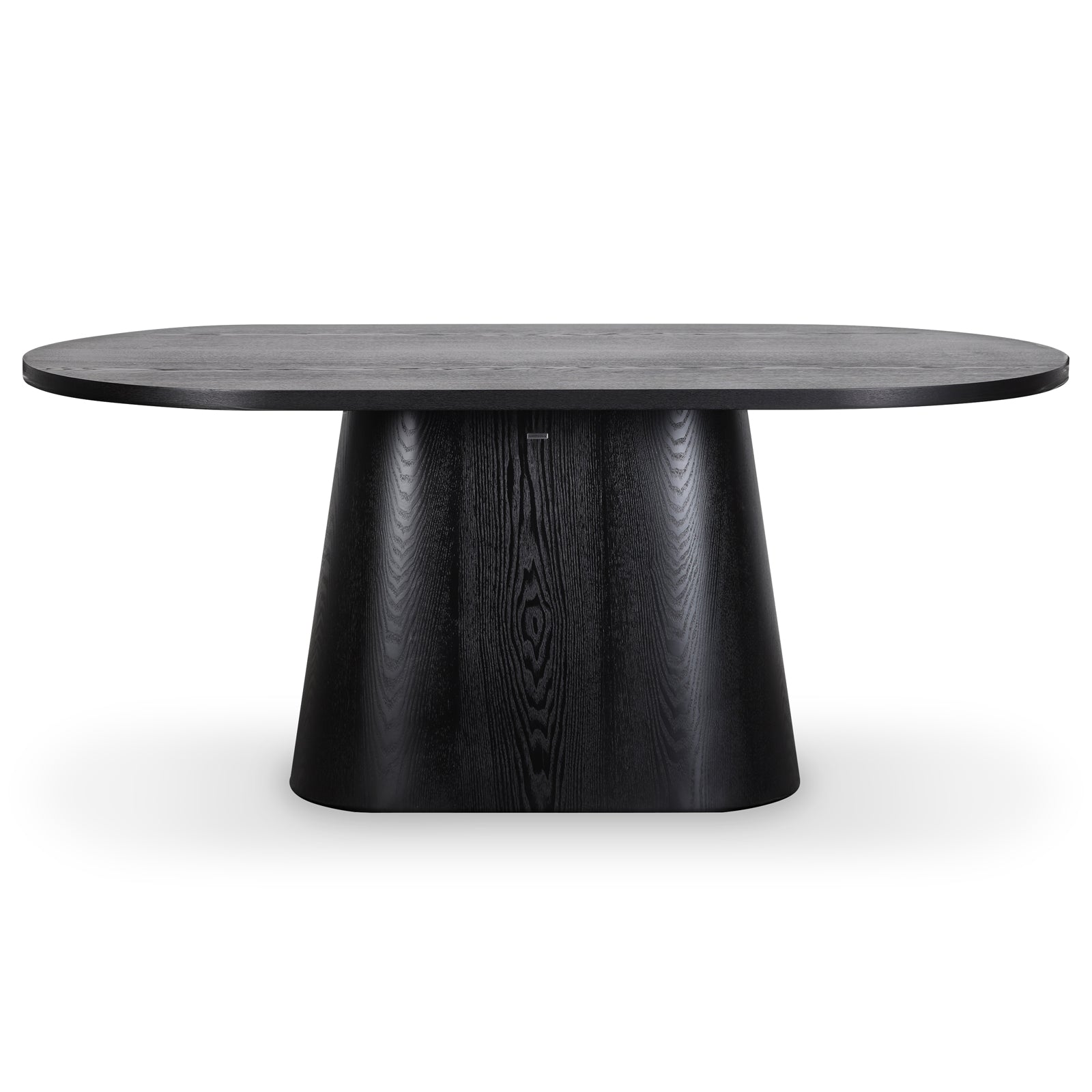 Gigi 180cm Oval Wooden Dining Table in Black, showcasing an oval tabletop and sleek pedestal base, embodies modern elegance and space-efficient design, perfect for enhancing any dining area.