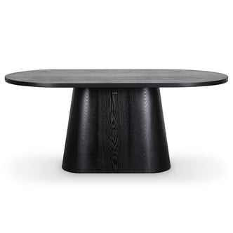 Gigi 180cm Oval Wooden Dining Table in Black, showcasing an oval tabletop and sleek pedestal base, embodies modern elegance and space-efficient design, perfect for enhancing any dining area.