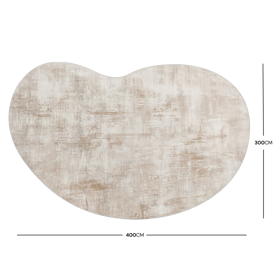 Kidney-shaped rug or mat on white background with 400 cm by 300 cm dimensions shown