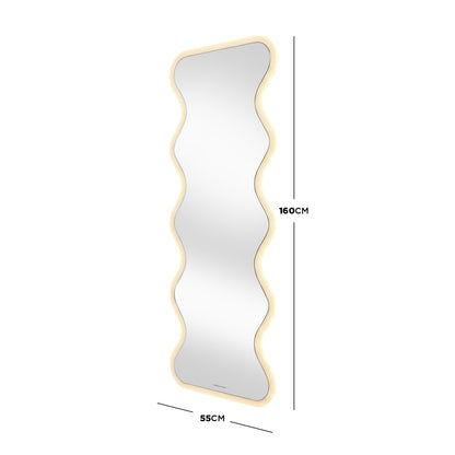 Full-length wavy-edge LED mirror with dimensions 160 cm x 55 cm on white background