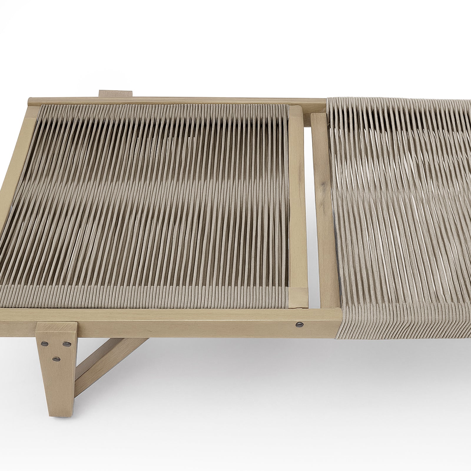 Aureli Hardwood Acacia Reclining Sun Lounger in Beige features a wooden frame with tightly strung cord upholstery, adjustable recline, angled legs, and a stylish mix of parallel and woven patterns.