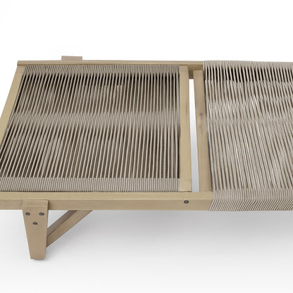 Aureli Hardwood Acacia Reclining Sun Lounger in Beige features a wooden frame with tightly strung cord upholstery, adjustable recline, angled legs, and a stylish mix of parallel and woven patterns.