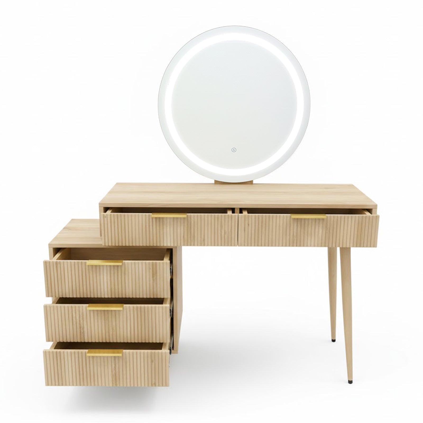 Serenity Dressing Table with Touch Screen Mirror in Natural features a light-wood build, fluted-front drawer module, two shallow top drawers, and a large LED mirror, enhancing morning routines.