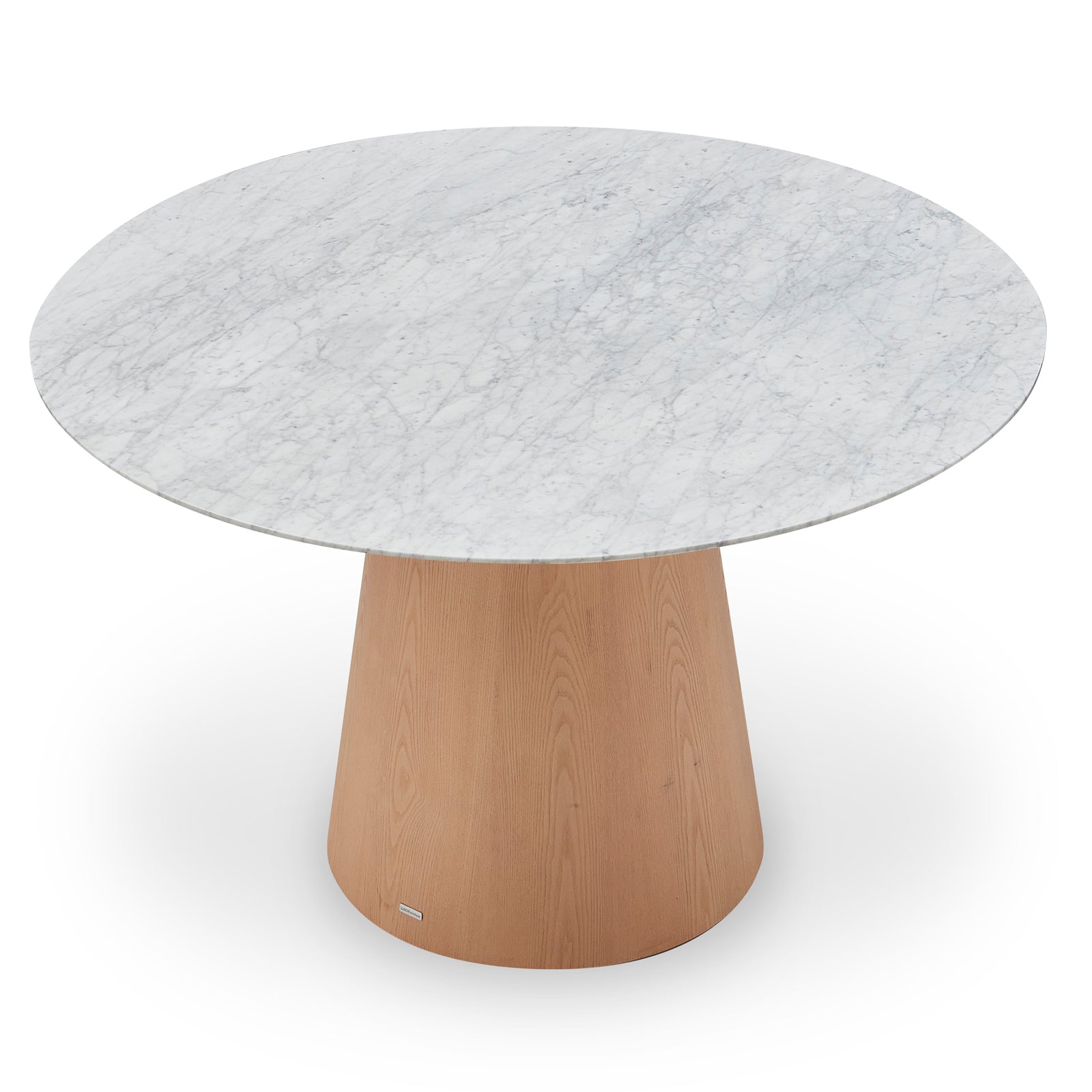 Dina 120cm Round Marble Dining Table in Carrara Natural features a white marble top with gray veining and a tapered wooden pedestal base, creating a refined and inviting dining centerpiece.