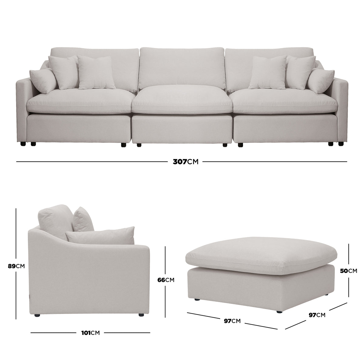 Sectional sofa set with ottoman and dimension measurements on white background
