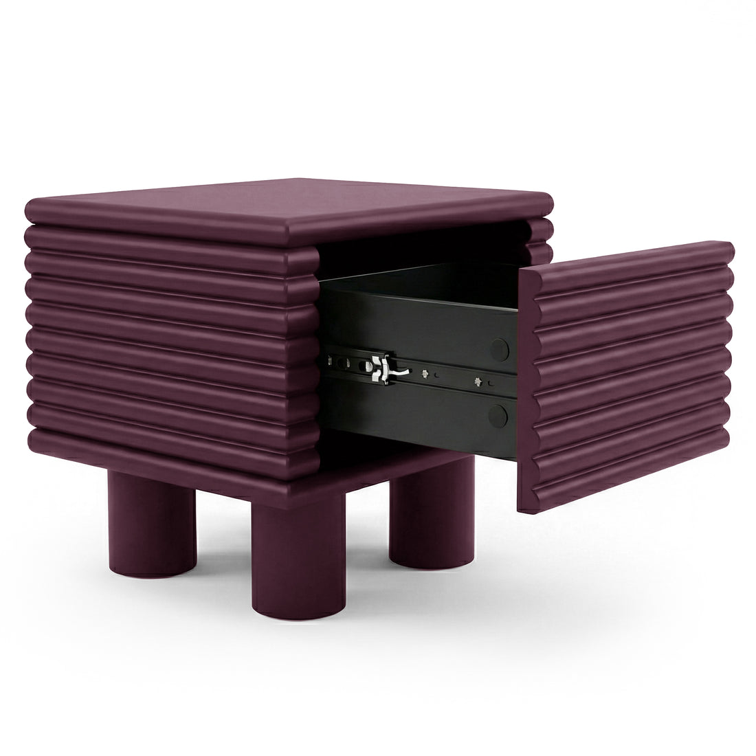 Modern plum nightstand on white background with open drawer