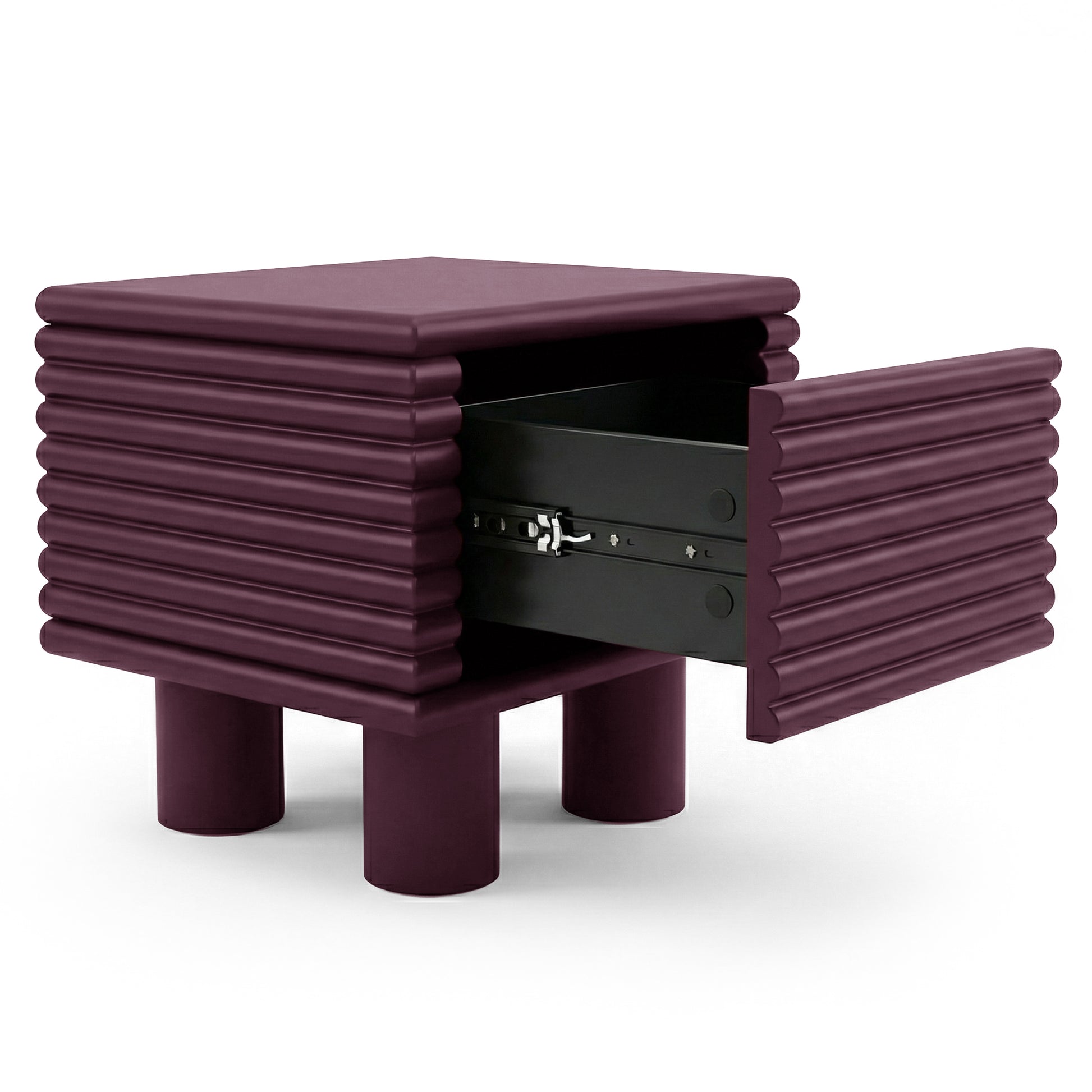Modern plum nightstand on white background with open drawer