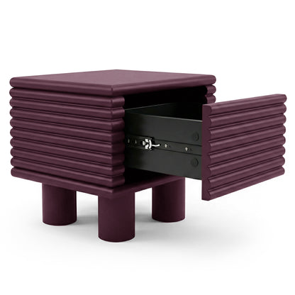 Modern plum nightstand on white background with open drawer