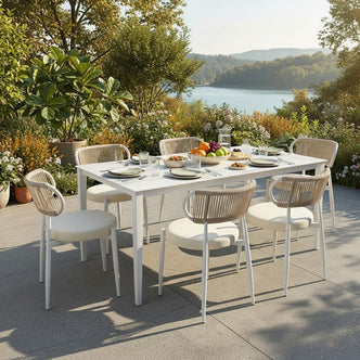Cabria 7 Piece Sintered Stone Outdoor Dining Set on a sunlit patio, featuring a sleek white table with place settings, surrounded by six white-framed chairs with woven rope backs and cushioned seats.